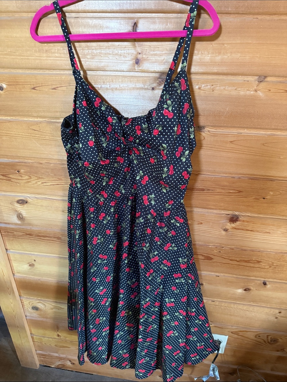 Stop Staring! Black Polka Dot Dress with Red Cherry Accents